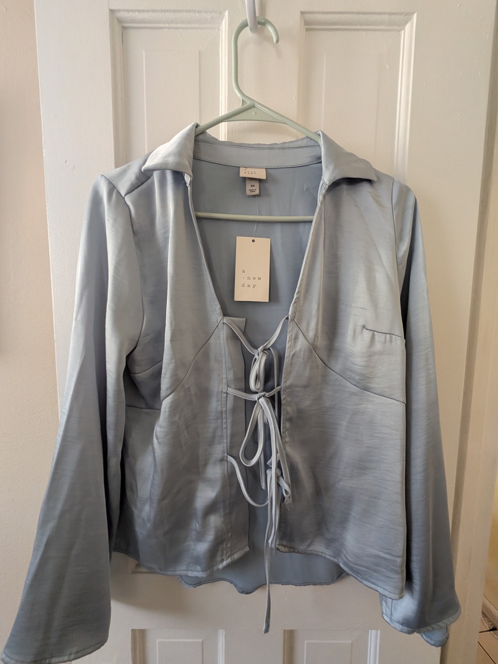 a new day Light Blue Satin Lace-Up Button Down Shirt